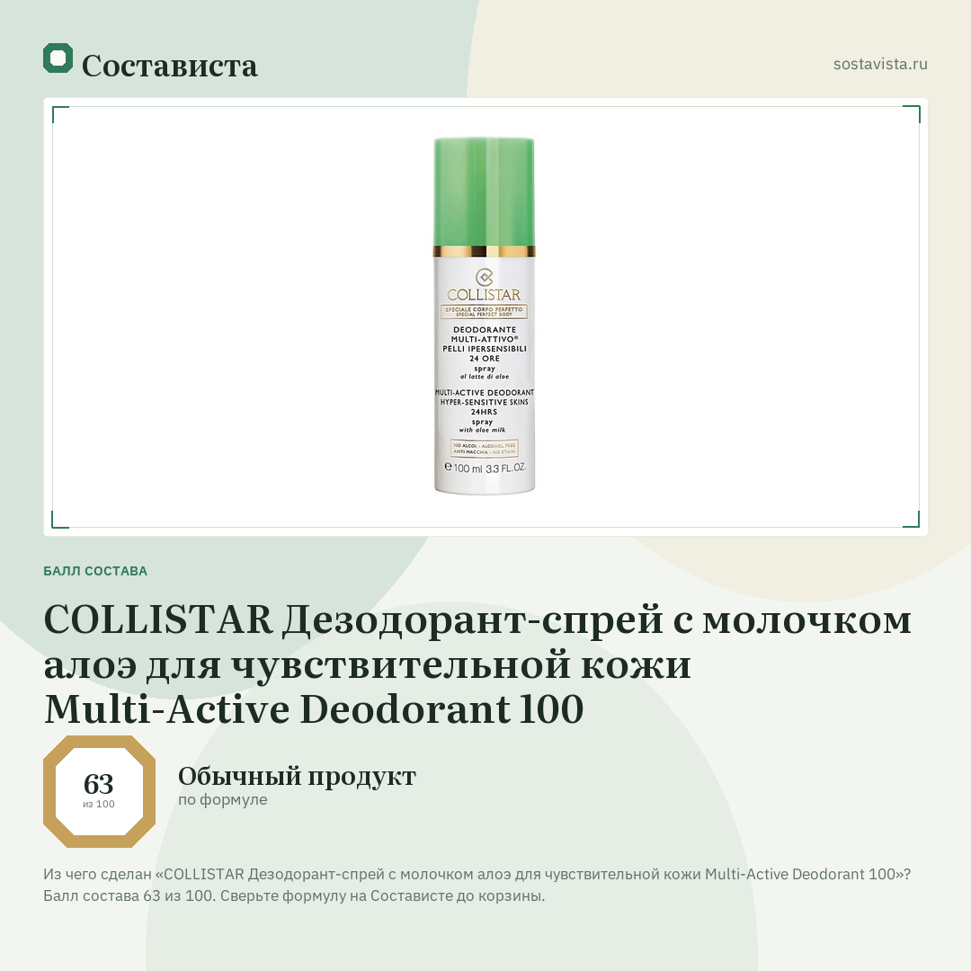 COLLISTAR Дезодорант-спрей с молочком алоэ для чувствительной кожи Multi-Active Deodorant 100: балл состава 63 из 100 — Состависта