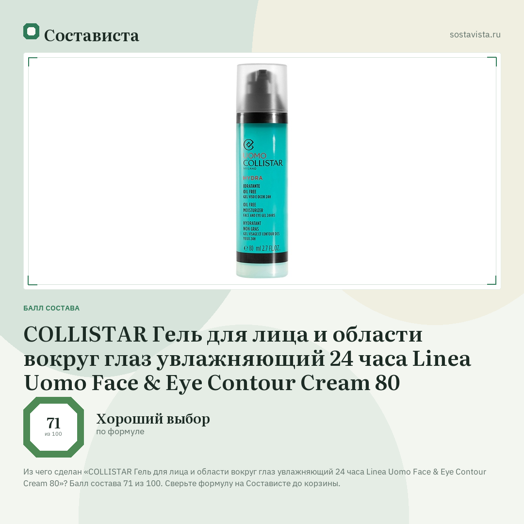 COLLISTAR Гель для лица и области вокруг глаз увлажняющий 24 часа Linea Uomo Face & Eye Contour Cream 80: балл состава 71 из 100 — Состависта