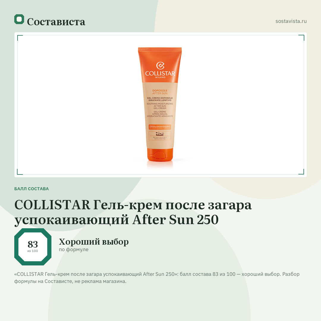 COLLISTAR Гель-крем после загара успокаивающий After Sun 250: балл состава 83 из 100 — Состависта