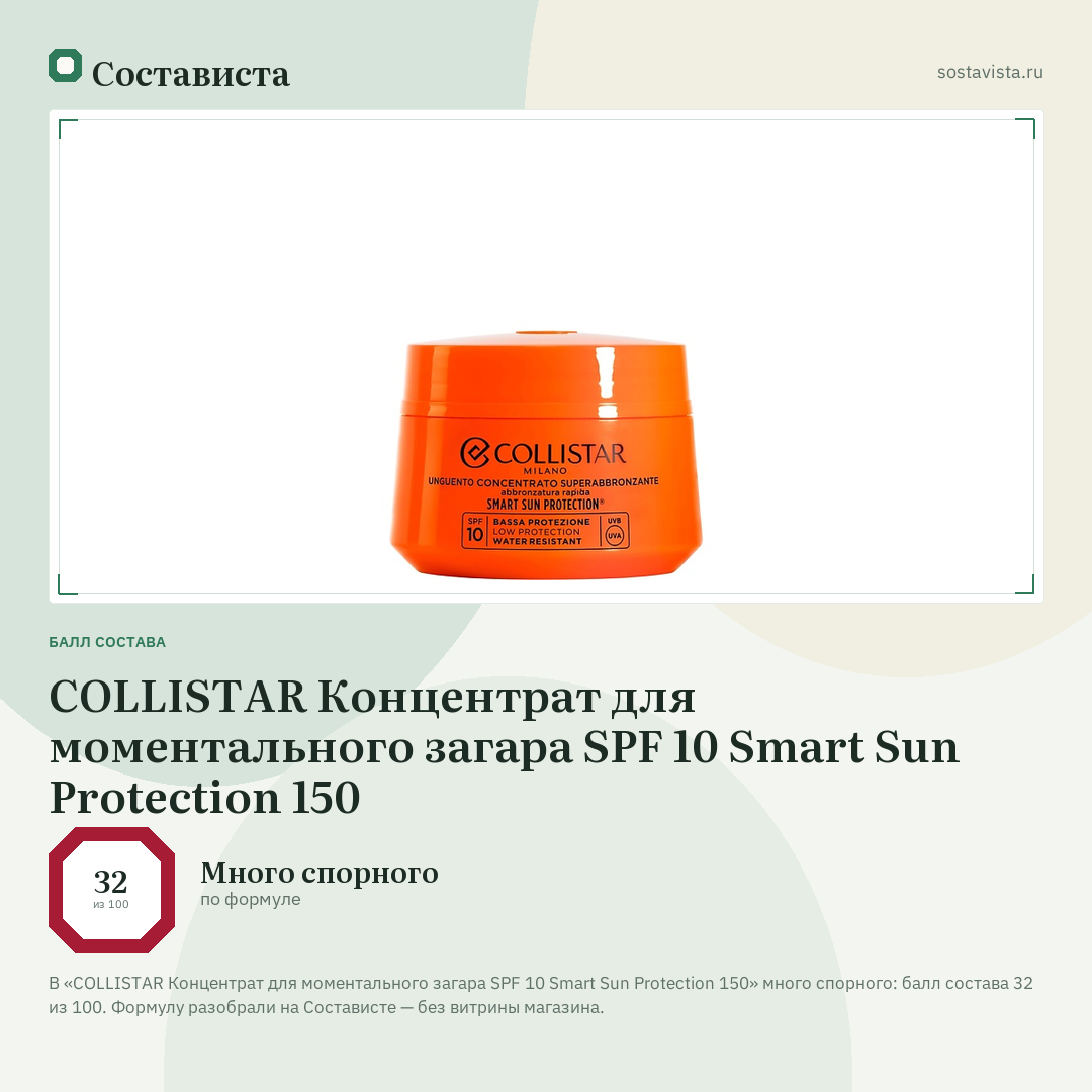 COLLISTAR Концентрат для моментального загара SPF 10 Smart Sun Protection 150: балл состава 32 из 100 — Состависта