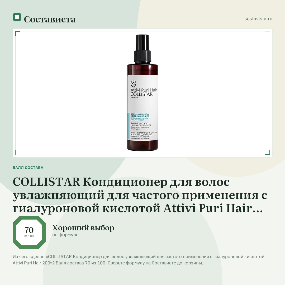 COLLISTAR Кондиционер для волос увлажняющий для частого применения с гиалуроновой кислотой Attivi Puri Hair 200: балл состава 70 из 100 — Состависта