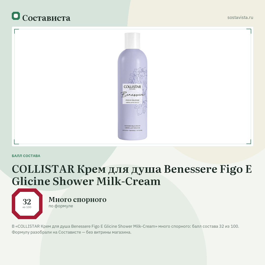 COLLISTAR Крем для душа Benessere Figo E Glicine Shower Milk-Cream: балл состава 32 из 100 — Состависта