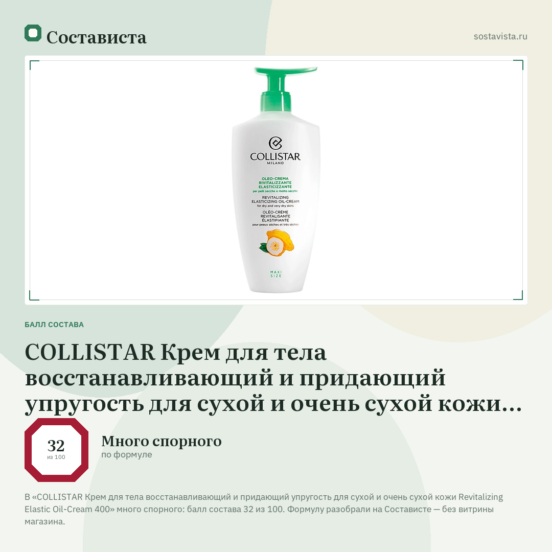 COLLISTAR Крем для тела восстанавливающий и придающий упругость для сухой и очень сухой кожи Revitalizing Elastic Oil-Cream 400: балл состава 32 из 100 — Состависта