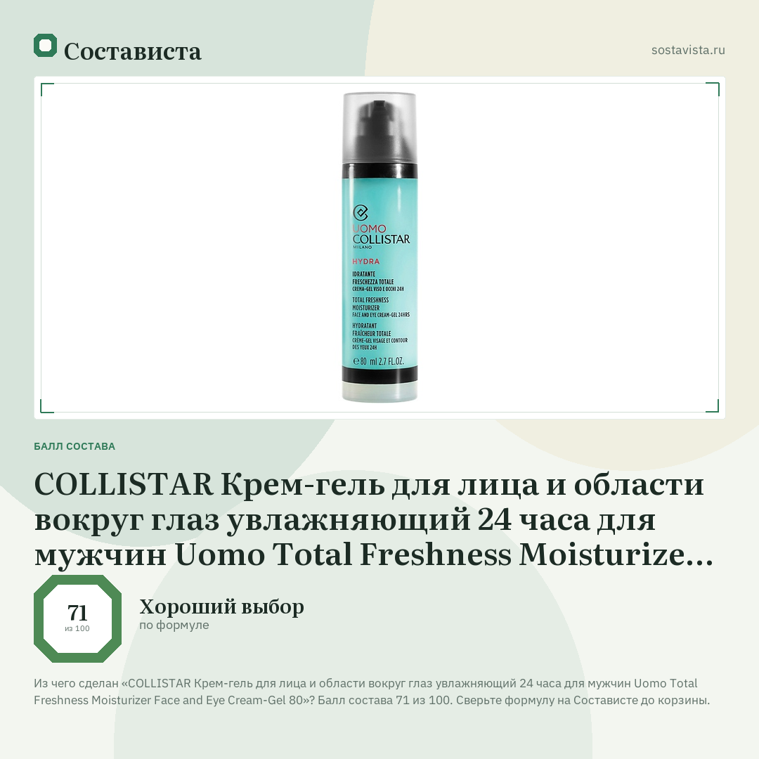 COLLISTAR Крем-гель для лица и области вокруг глаз увлажняющий 24 часа для мужчин Uomo Total Freshness Moisturizer Face and Eye Cream-Gel 80: балл состава 71 из 100 — Состависта
