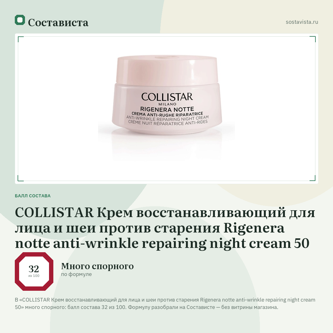 COLLISTAR Крем восстанавливающий для лица и шеи против старения Rigenera notte anti-wrinkle repairing night cream 50: балл состава 32 из 100 — Состависта