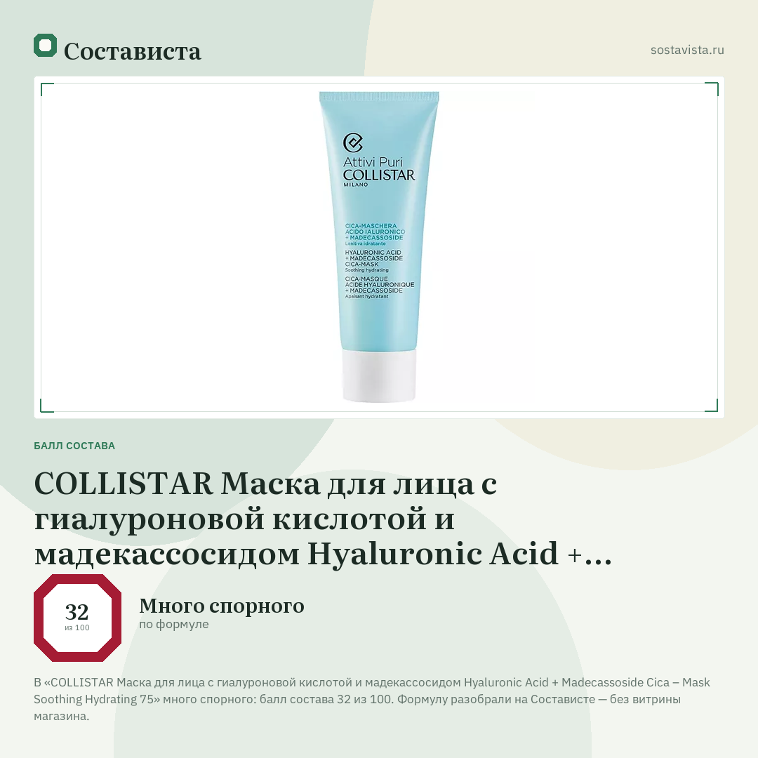 COLLISTAR Маска для лица с гиалуроновой кислотой и мадекассосидом Hyaluronic Acid + Madecassoside Cica – Mask Soothing Hydrating 75: балл состава 32 из 100 — Состависта