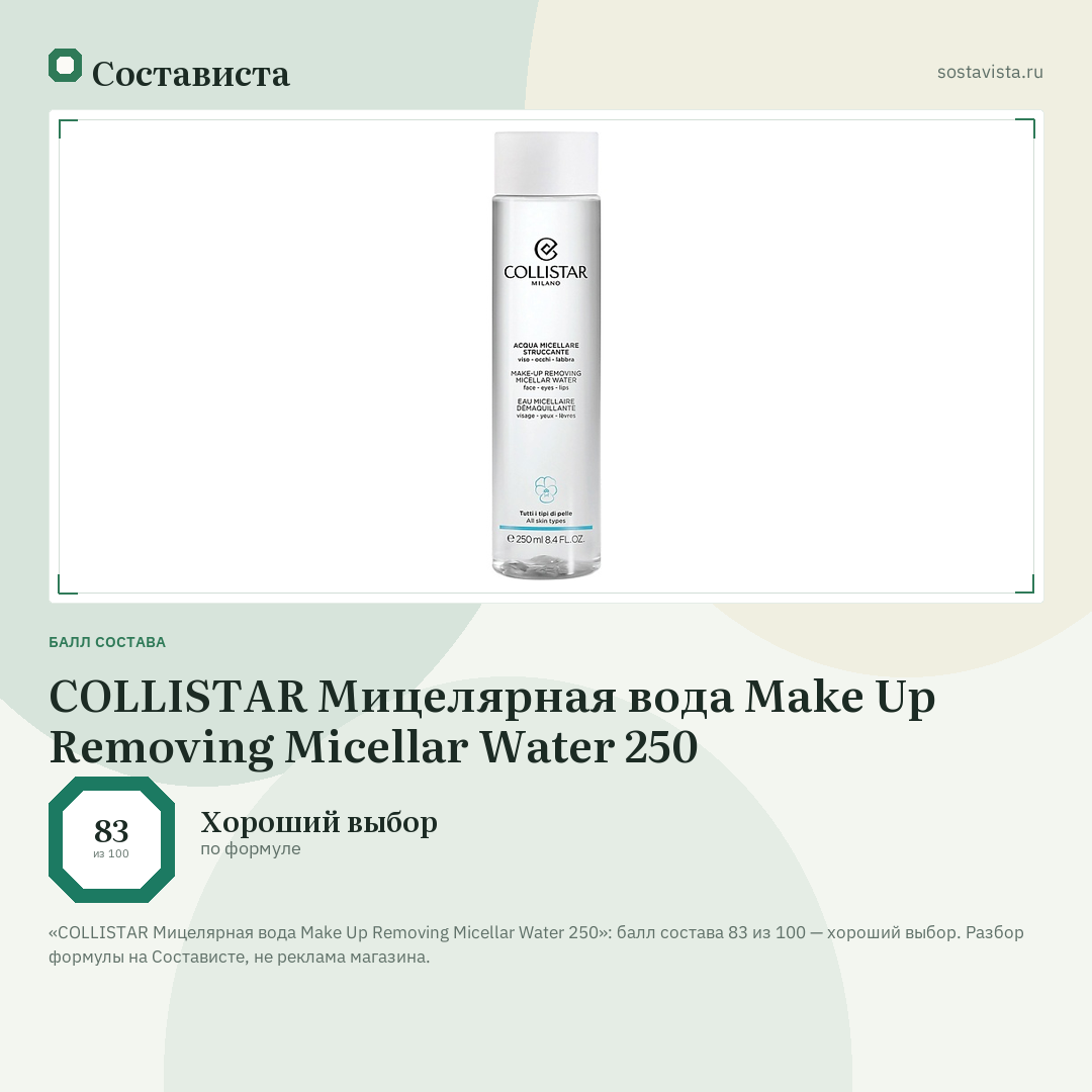 COLLISTAR Мицелярная вода Make Up Removing Micellar Water 250: балл состава 83 из 100 — Состависта