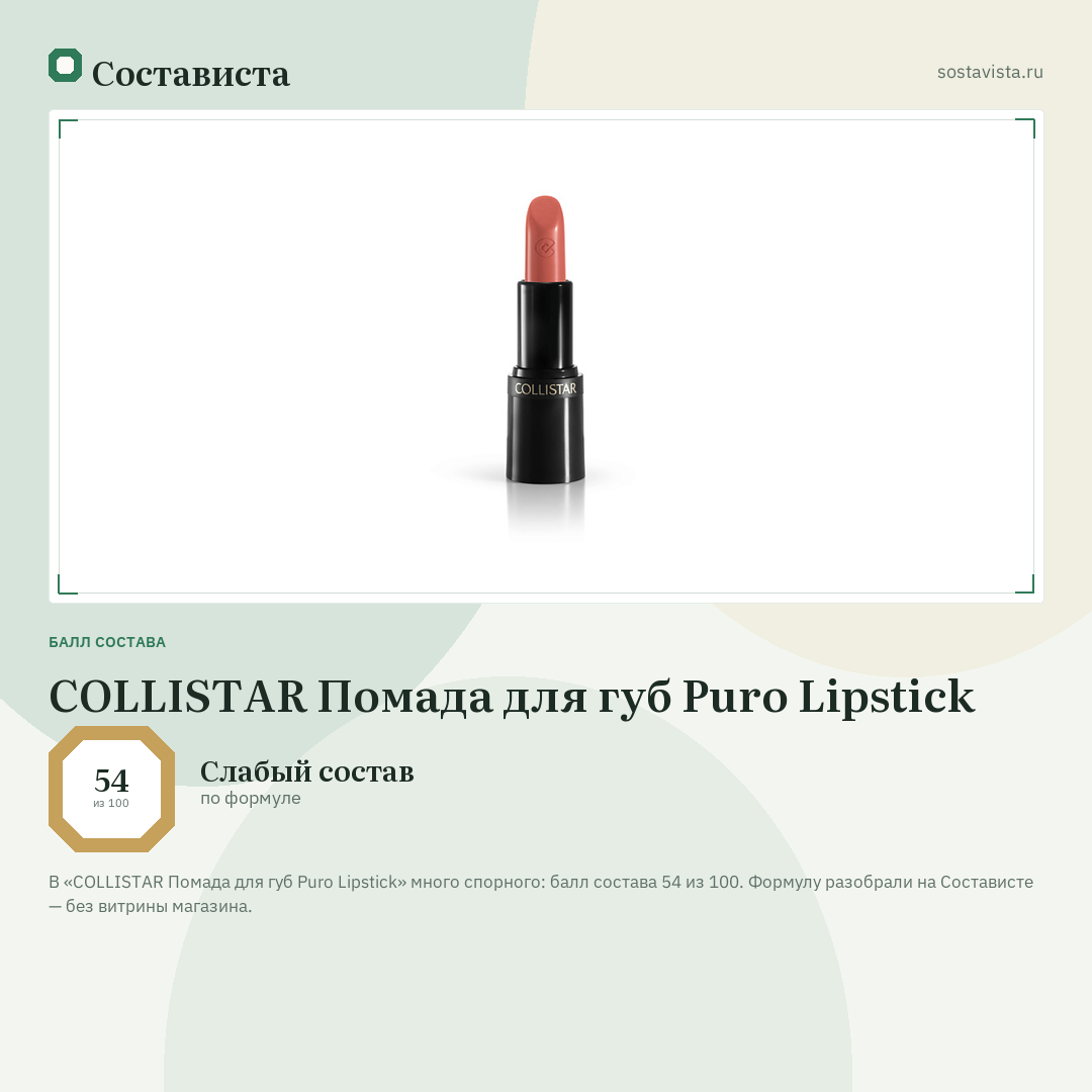 COLLISTAR Помада для губ Puro Lipstick: балл состава 54 из 100 — Состависта