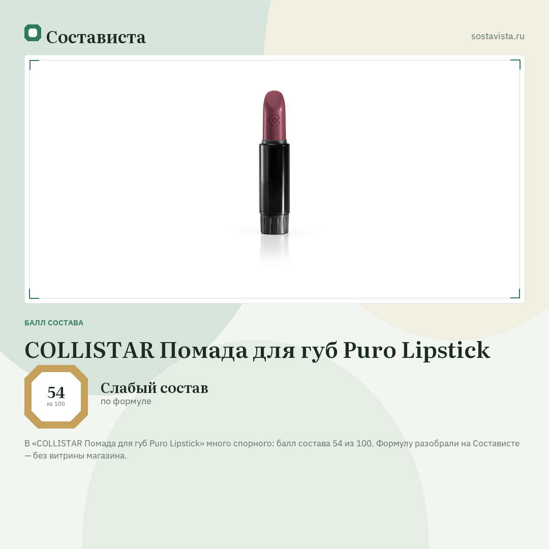 COLLISTAR Помада для губ Puro Lipstick: балл состава 54 из 100 — Состависта