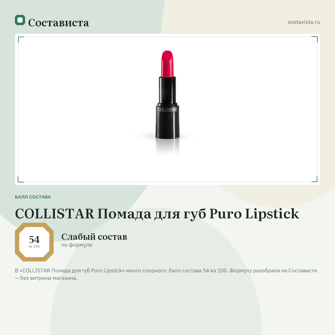 COLLISTAR Помада для губ Puro Lipstick: балл состава 54 из 100 — Состависта
