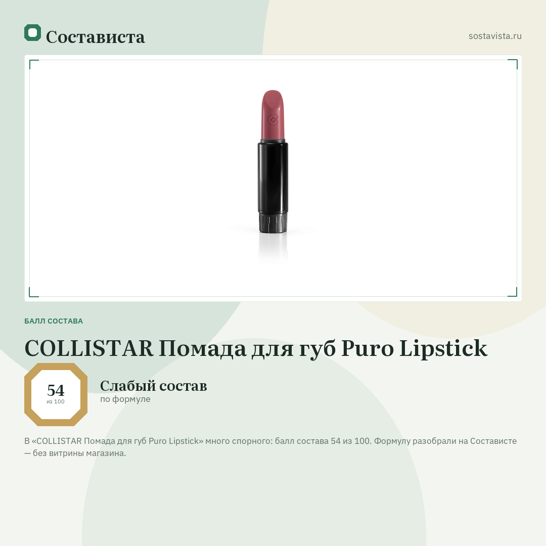 COLLISTAR Помада для губ Puro Lipstick: балл состава 54 из 100 — Состависта