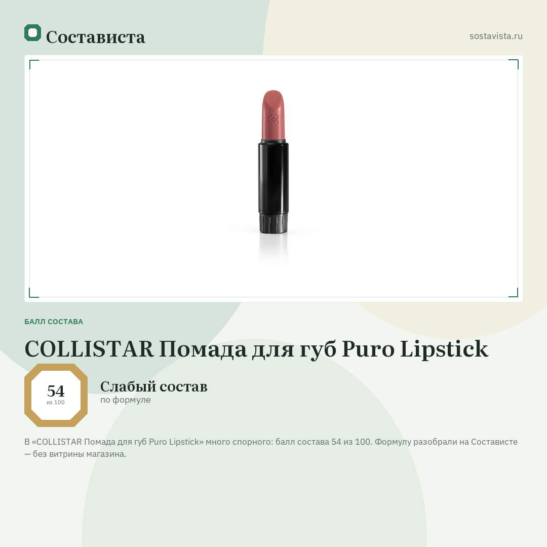 COLLISTAR Помада для губ Puro Lipstick: балл состава 54 из 100 — Состависта