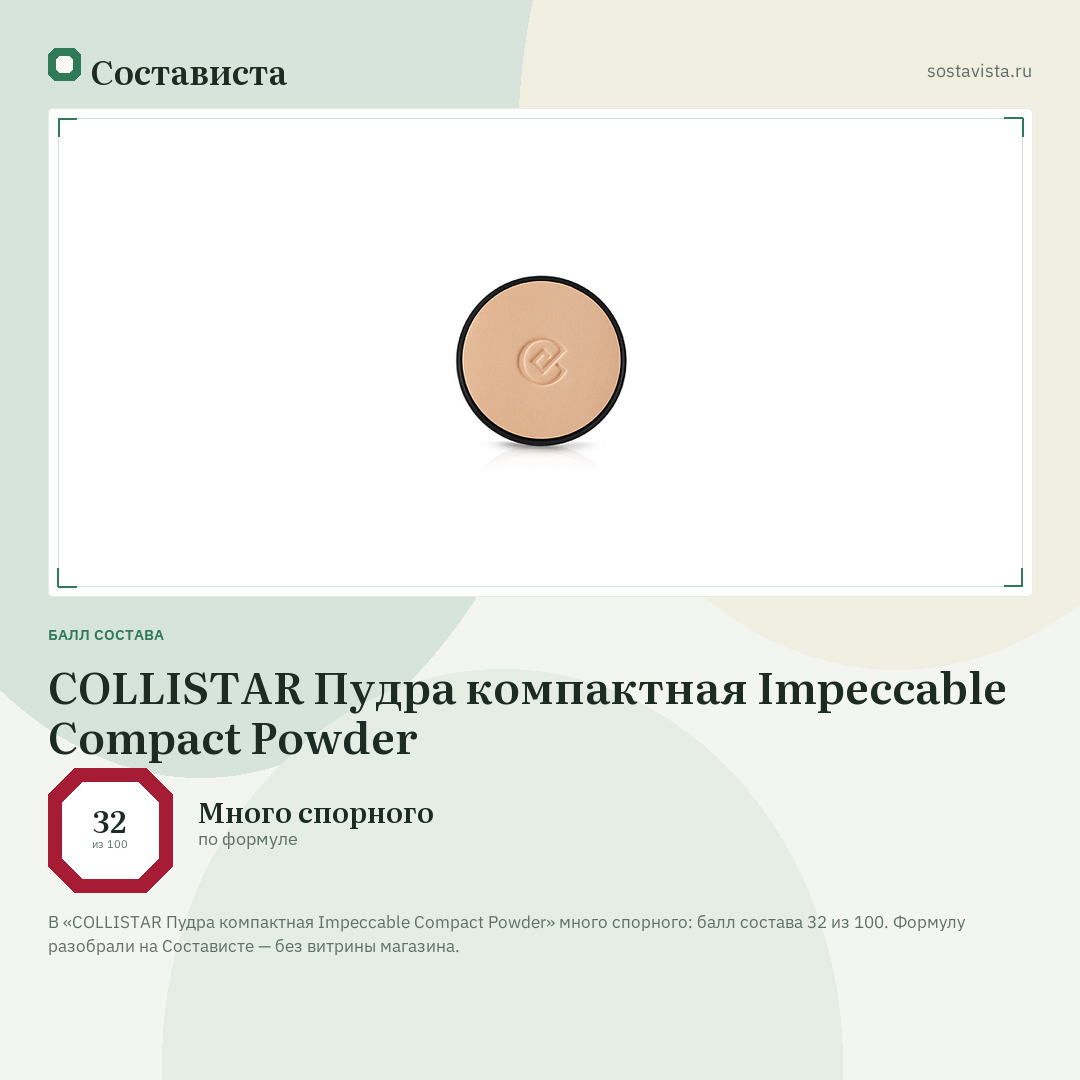 COLLISTAR Пудра компактная Impeccable Compact Powder: балл состава 32 из 100 — Состависта