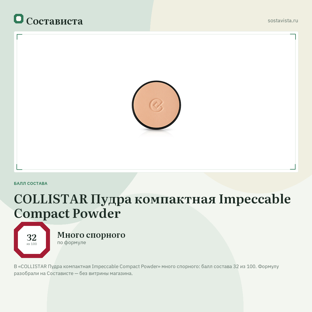 COLLISTAR Пудра компактная Impeccable Compact Powder: балл состава 32 из 100 — Состависта