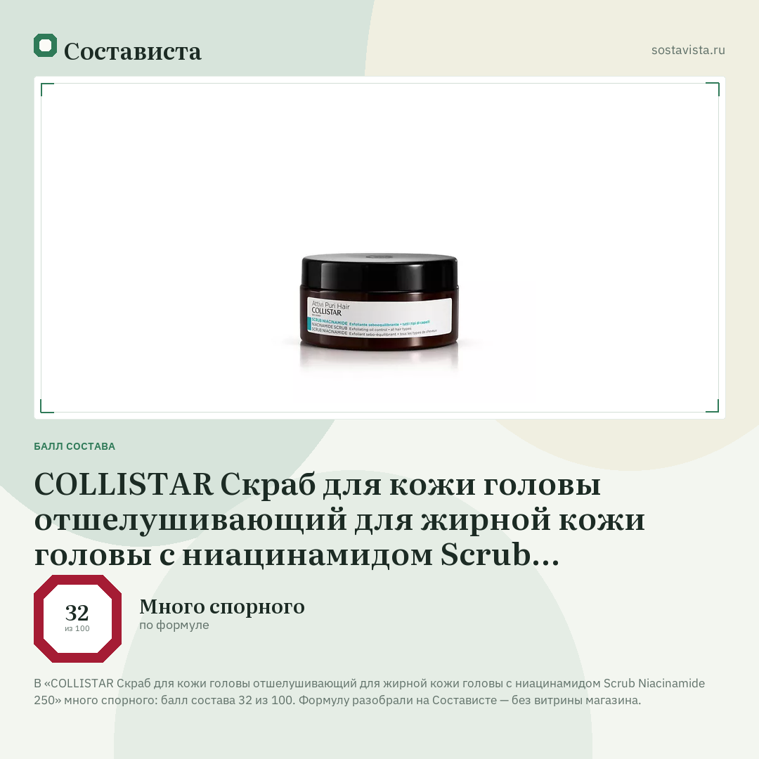 COLLISTAR Скраб для кожи головы отшелушивающий для жирной кожи головы с ниацинамидом Scrub Niacinamide 250: балл состава 32 из 100 — Состависта