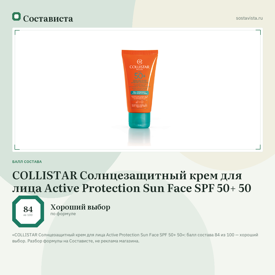 COLLISTAR Солнцезащитный крем для лица Active Protection Sun Face SPF 50+ 50: балл состава 84 из 100 — Состависта