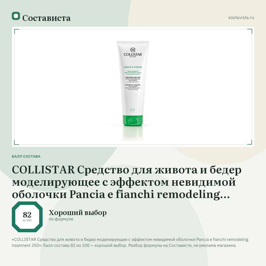 COLLISTAR Средство для живота и бедер моделирующее с эффектом невидимой оболочки Pancia e fianchi remodeling treatment 250: балл состава 82 из 100 — Состависта