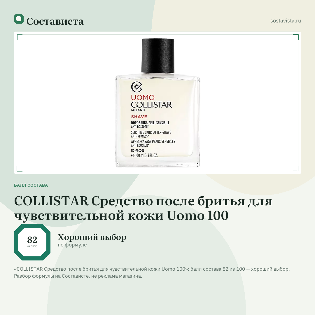 COLLISTAR Средство после бритья для чувствительной кожи Uomo 100: балл состава 82 из 100 — Состависта
