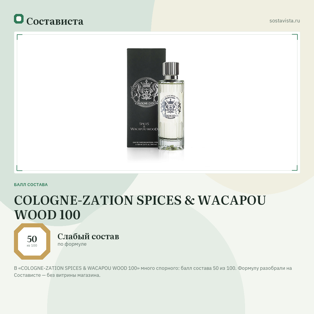 COLOGNE-ZATION SPICES & WACAPOU WOOD 100: балл состава 50 из 100 — Состависта