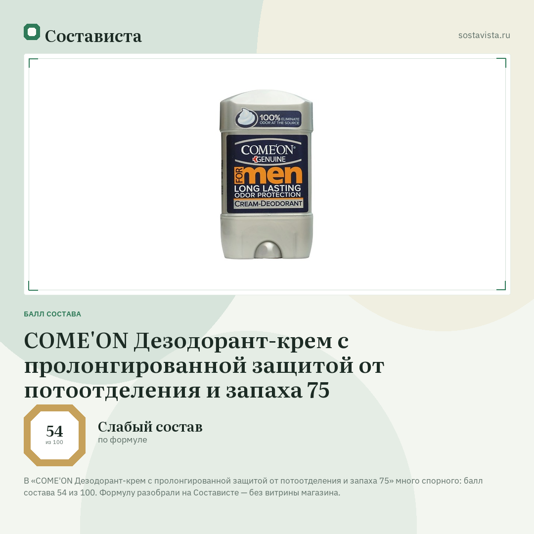 COME'ON Дезодорант-крем с пролонгированной защитой от потоотделения и запаха 75: балл состава 54 из 100 — Состависта