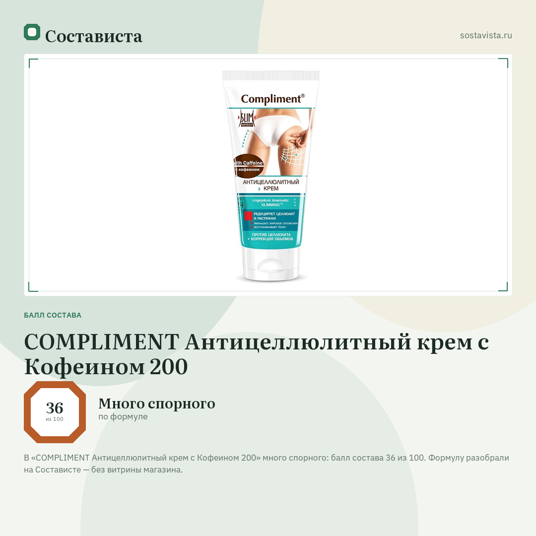 COMPLIMENT Антицеллюлитный крем с Кофеином 200: балл состава 36 из 100 — Состависта