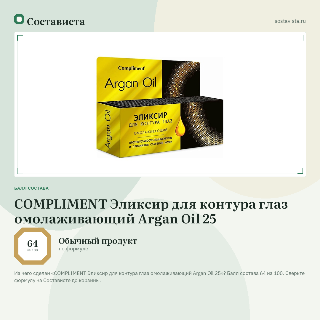 COMPLIMENT Эликсир для контура глаз омолаживающий Argan Oil 25: балл состава 64 из 100 — Состависта