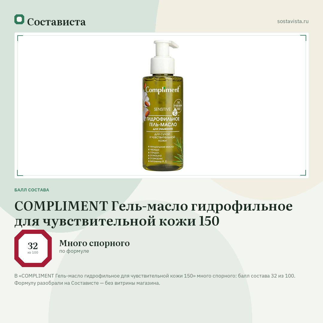 COMPLIMENT Гель-масло гидрофильное для чувствительной кожи 150: балл состава 32 из 100 — Состависта