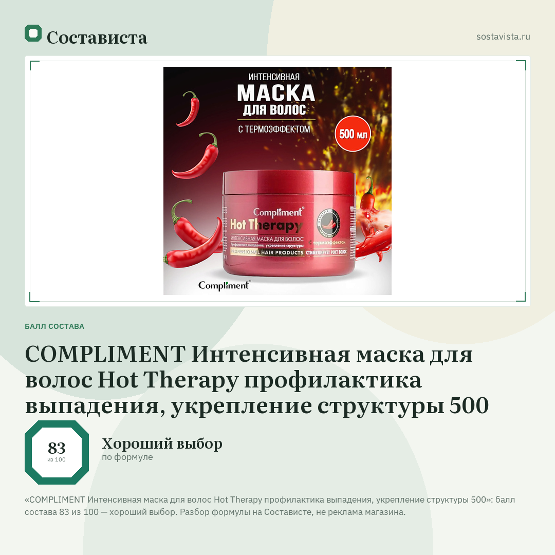 COMPLIMENT Интенсивная маска для волос Hot Therapy профилактика выпадения, укрепление структуры 500: балл состава 83 из 100 — Состависта
