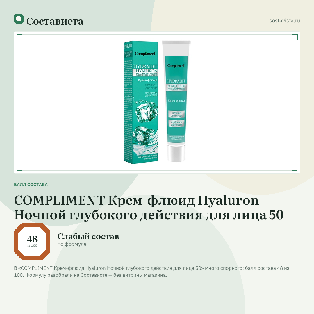 COMPLIMENT Крем-флюид Hyaluron Ночной глубокого действия для лица 50: балл состава 48 из 100 — Состависта