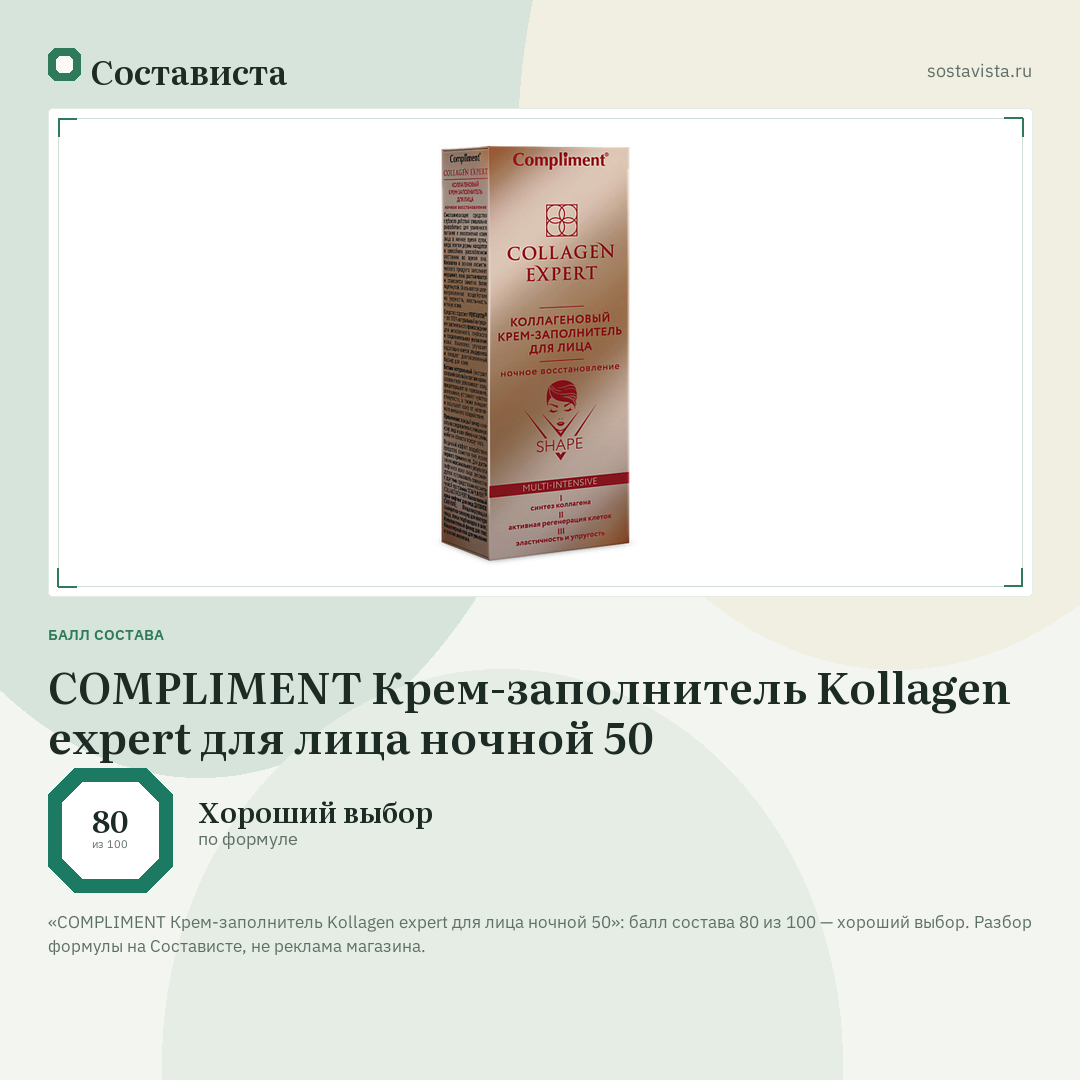 COMPLIMENT Крем-заполнитель Kollagen expert для лица ночной 50: балл состава 80 из 100 — Состависта