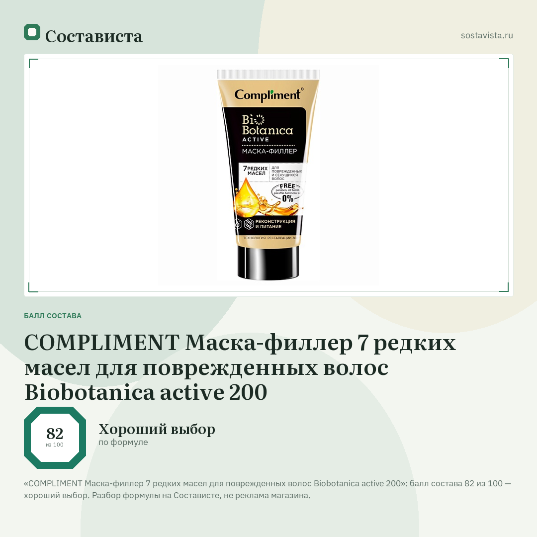 COMPLIMENT Маска-филлер 7 редких масел для поврежденных волос Biobotanica active 200: балл состава 82 из 100 — Состависта