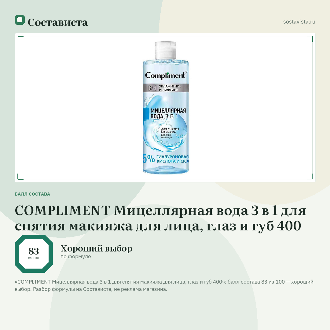 COMPLIMENT Мицеллярная вода 3 в 1 для снятия макияжа для лица, глаз и губ 400: балл состава 83 из 100 — Состависта