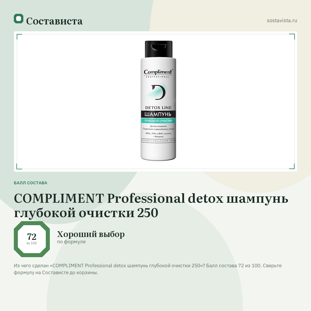 COMPLIMENT Professional detox шампунь глубокой очистки 250: балл состава 72 из 100 — Состависта