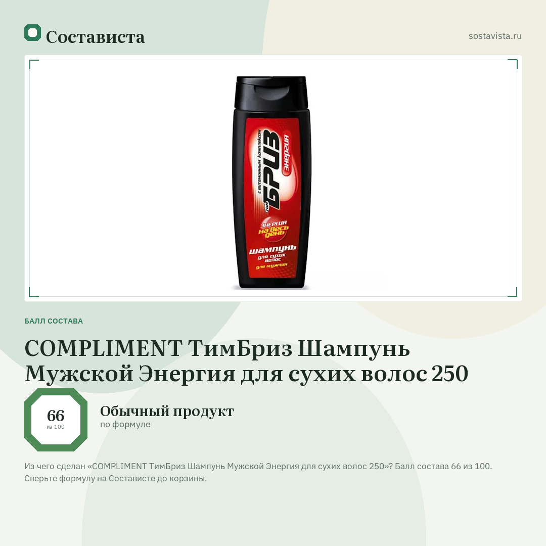 COMPLIMENT ТимБриз Шампунь Мужской Энергия для сухих волос 250: балл состава 66 из 100 — Состависта