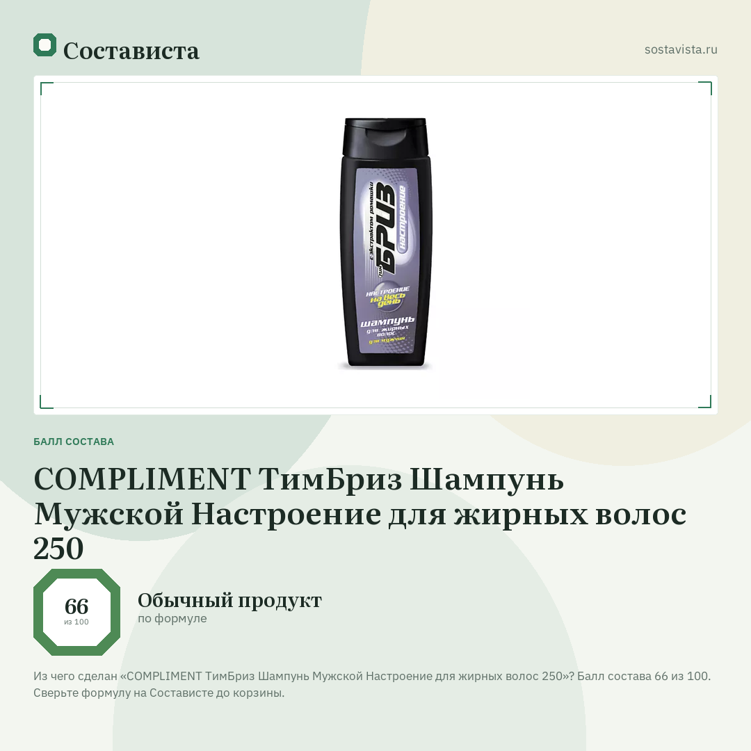 COMPLIMENT ТимБриз Шампунь Мужской Настроение для жирных волос 250: балл состава 66 из 100 — Состависта