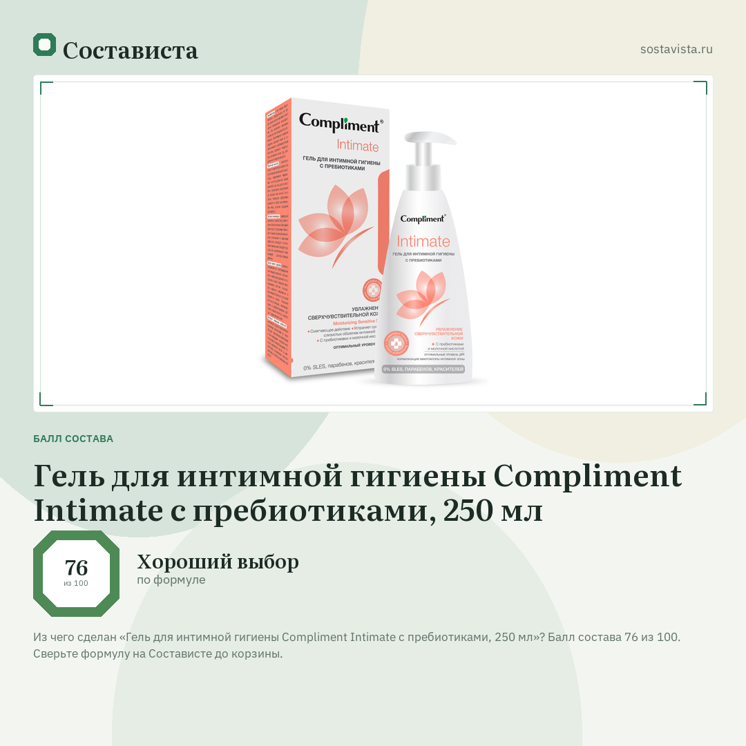 Гель для интимной гигиены Compliment Intimate с пребиотиками, 250 мл: балл состава 76 из 100 — Состависта