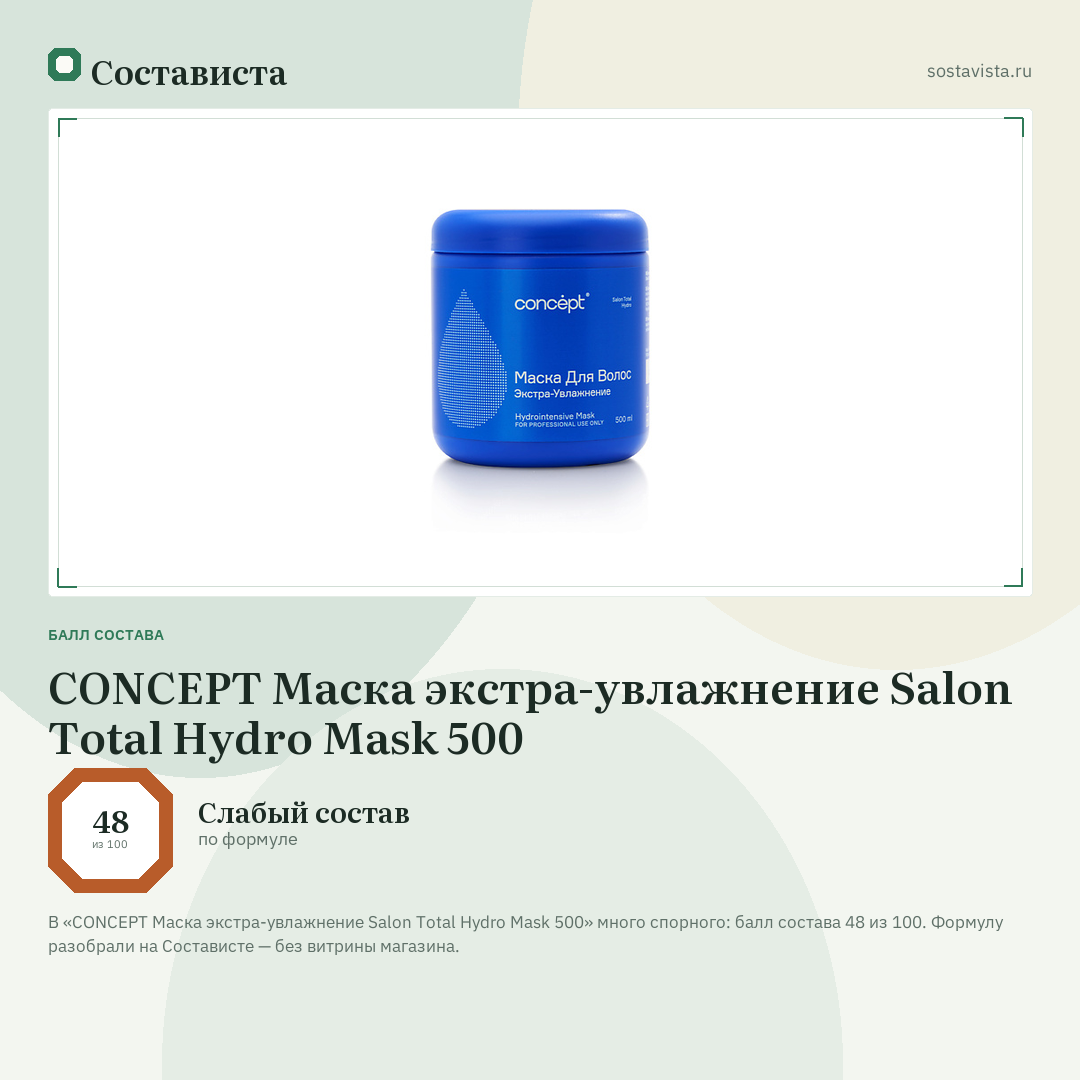 CONCEPT Маска экстра-увлажнение Salon Total Hydro Mask 500: балл состава 48 из 100 — Состависта