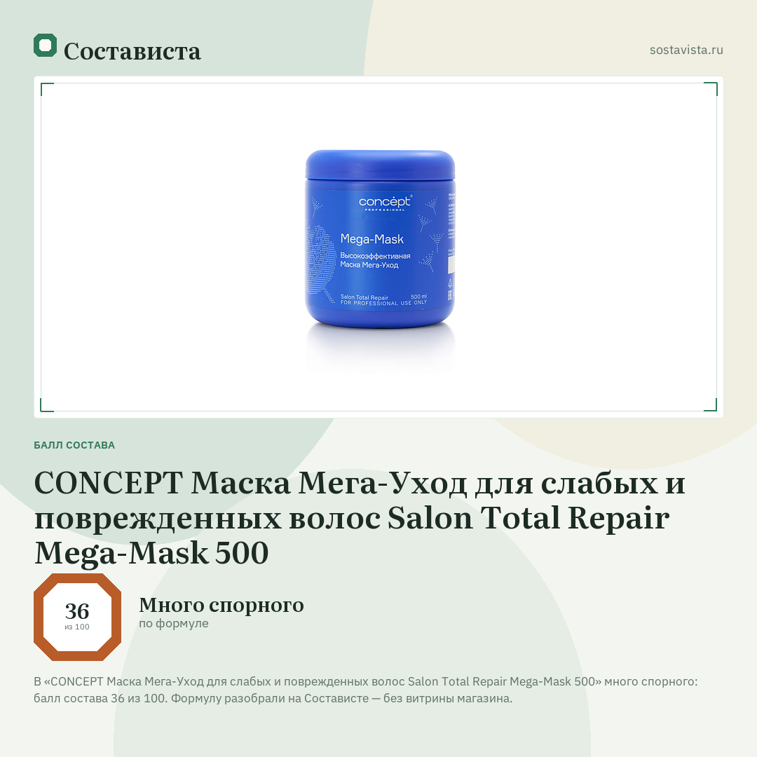 CONCEPT Маска Мега-Уход для слабых и поврежденных волос Salon Total Repair Mega-Mask 500: балл состава 36 из 100 — Состависта