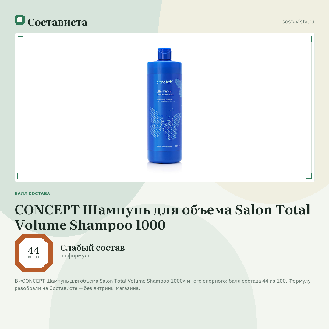 CONCEPT Шампунь для объема Salon Total Volume Shampoo 1000: балл состава 44 из 100 — Состависта