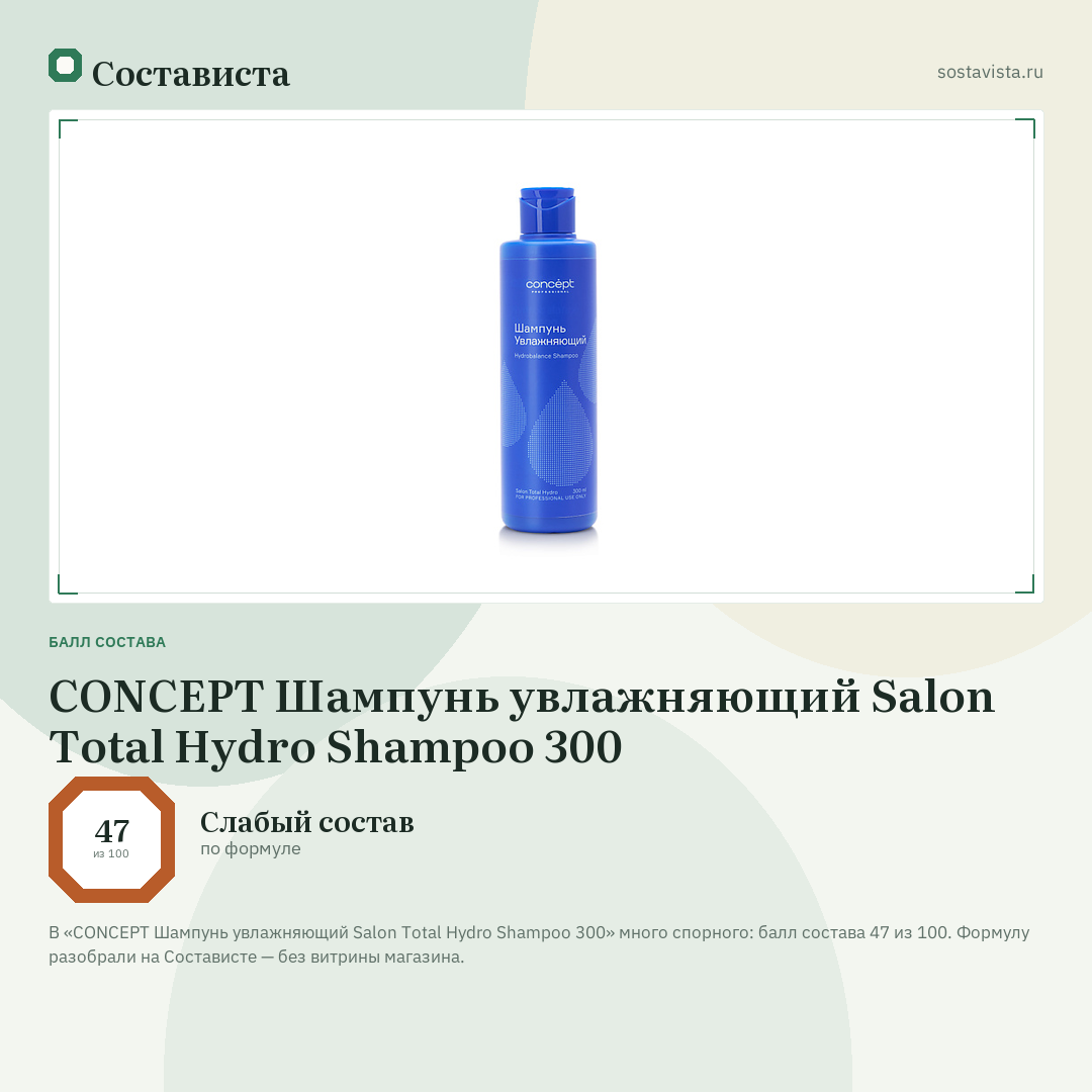 CONCEPT Шампунь увлажняющий Salon Total Hydro Shampoo 300: балл состава 47 из 100 — Состависта