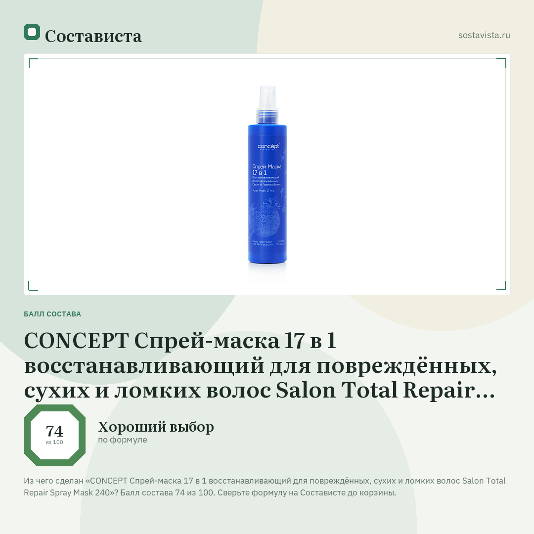 CONCEPT Спрей-маска 17 в 1 восстанавливающий для повреждённых, сухих и ломких волос Salon Total Repair Spray Mask 240: балл состава 74 из 100 — Состависта