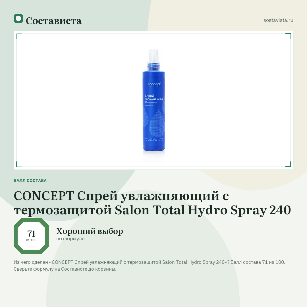 CONCEPT Спрей увлажняющий с термозащитой Salon Total Hydro Spray 240: балл состава 71 из 100 — Состависта