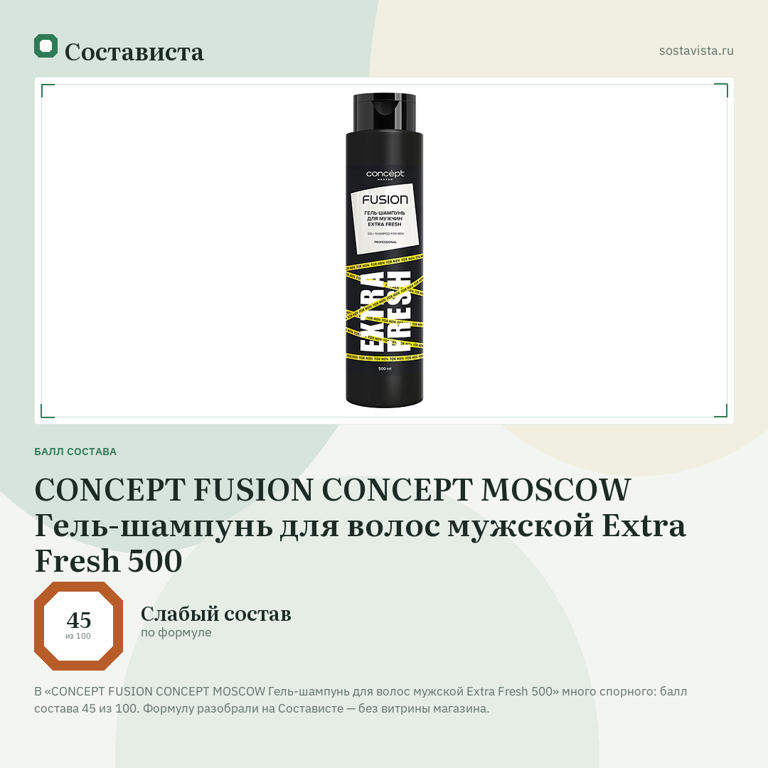 CONCEPT FUSION CONCEPT MOSCOW Гель-шампунь для волос мужской Extra Fresh 500: балл состава 45 из 100 — Состависта