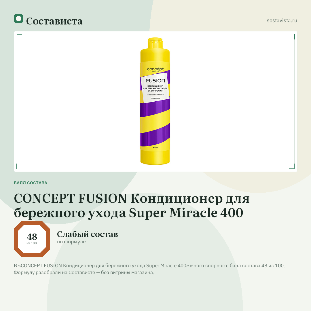 CONCEPT FUSION Кондиционер для бережного ухода Super Miracle 400: балл состава 48 из 100 — Состависта