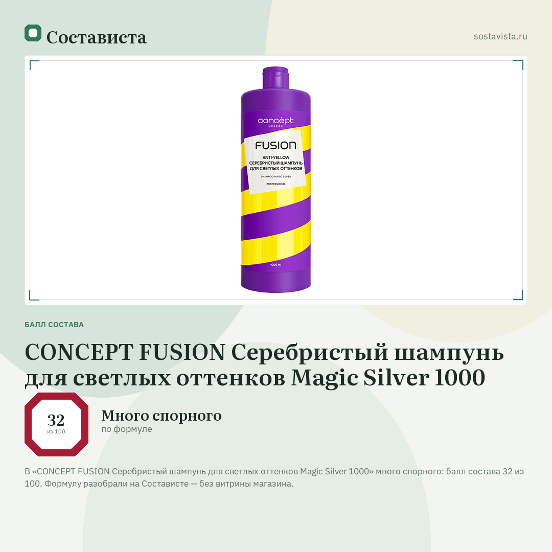 CONCEPT FUSION Серебристый шампунь для светлых оттенков Magic Silver 1000: балл состава 32 из 100 — Состависта
