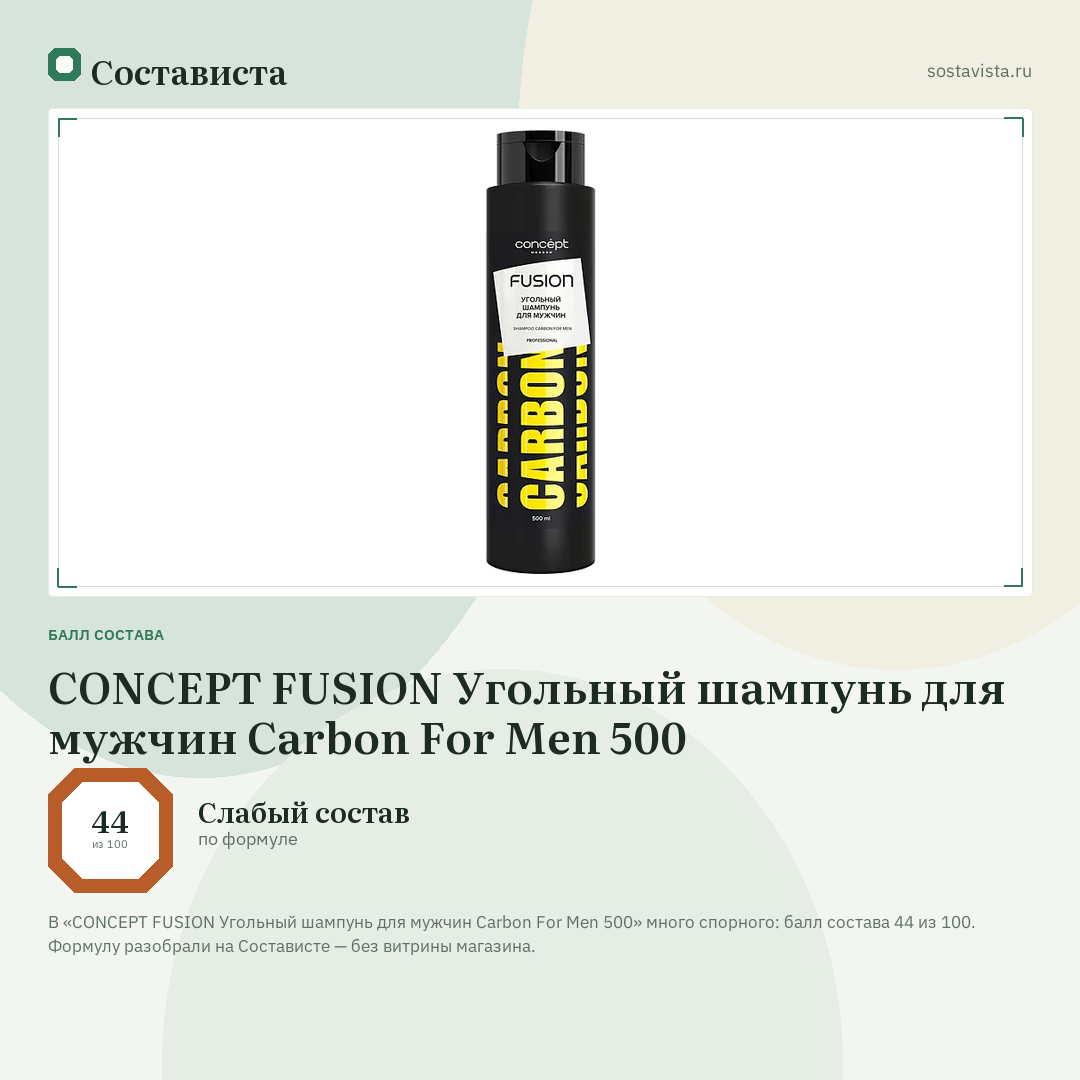 CONCEPT FUSION Угольный шампунь для мужчин Carbon For Men 500: балл состава 44 из 100 — Состависта