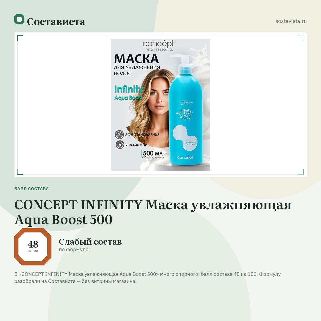 CONCEPT INFINITY Маска увлажняющая Aqua Boost 500: балл состава 48 из 100 — Состависта