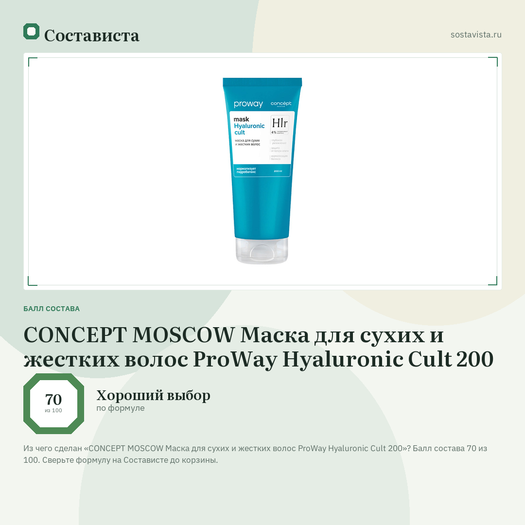 CONCEPT MOSCOW Маска для сухих и жестких волос ProWay Hyaluronic Cult 200: балл состава 70 из 100 — Состависта