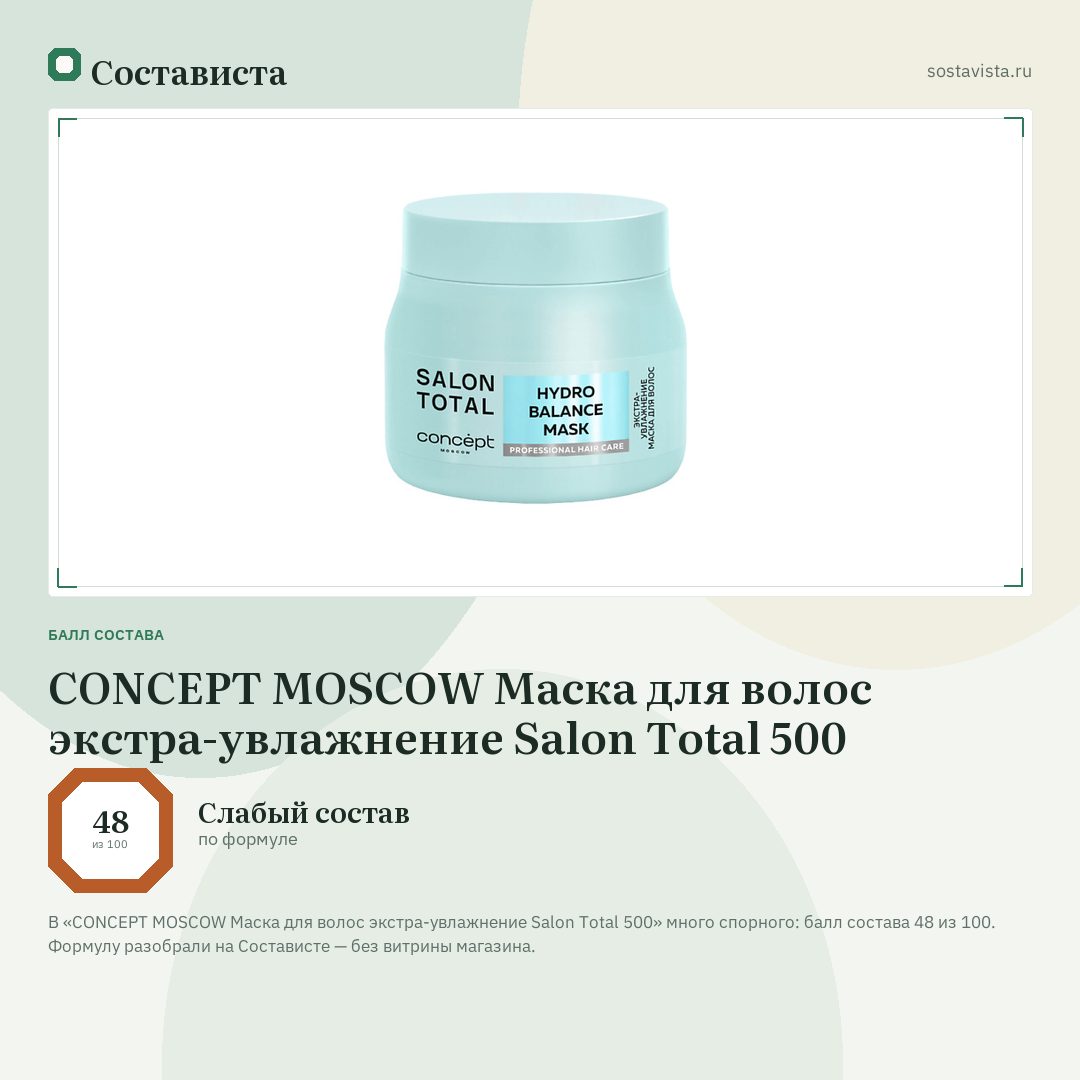 CONCEPT MOSCOW Маска для волос экстра-увлажнение Salon Total 500: балл состава 48 из 100 — Состависта