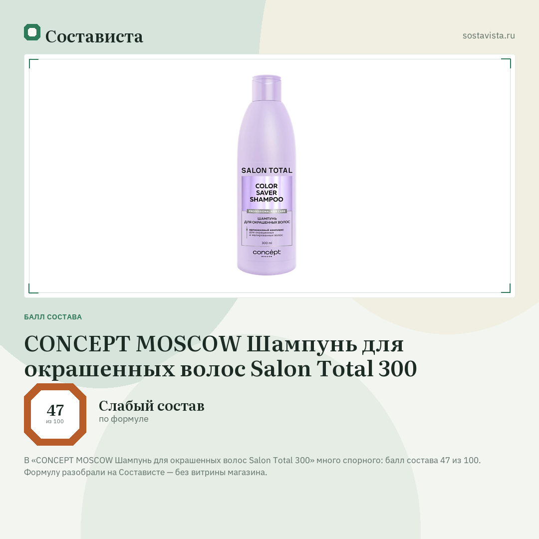 CONCEPT MOSCOW Шампунь для окрашенных волос Salon Total 300: балл состава 47 из 100 — Состависта